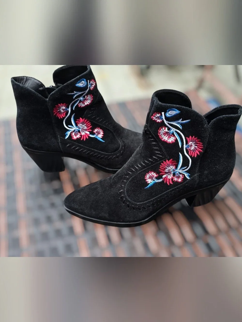 Rebecca Minkoff Black Suede Embroidered Ankle Boots